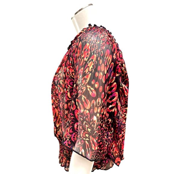 Ultra Pink Medium Sheer Flutter Sleeve Blouse Red Orange Abstract Dot Print Top - Picture 3 of 10